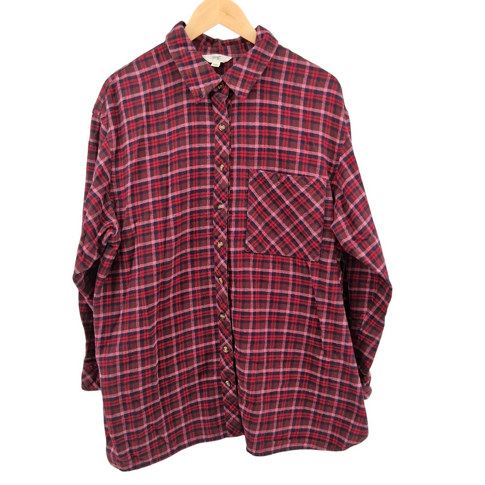 Terra & Sky Plus Size 1X Flannel Plaid Shirt Button Front Long Sleeve Cotton Top